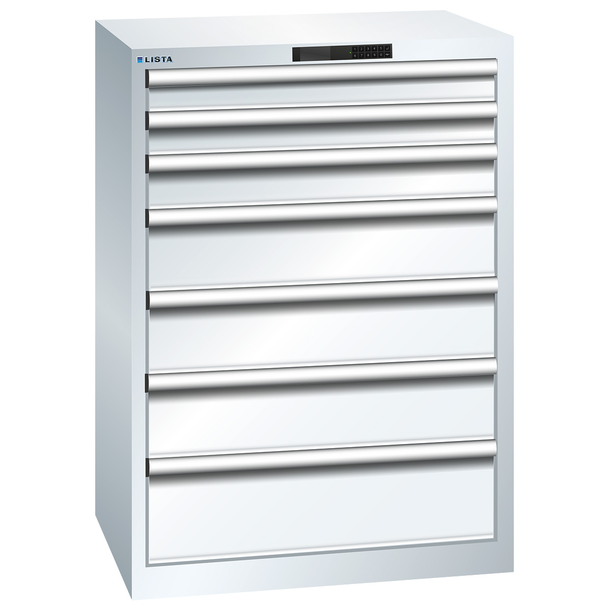 Lista Schubladenschrank 36 x 27 E, 7 Schubladen, reinweiß, Code Lock, Höhe 1000 mm