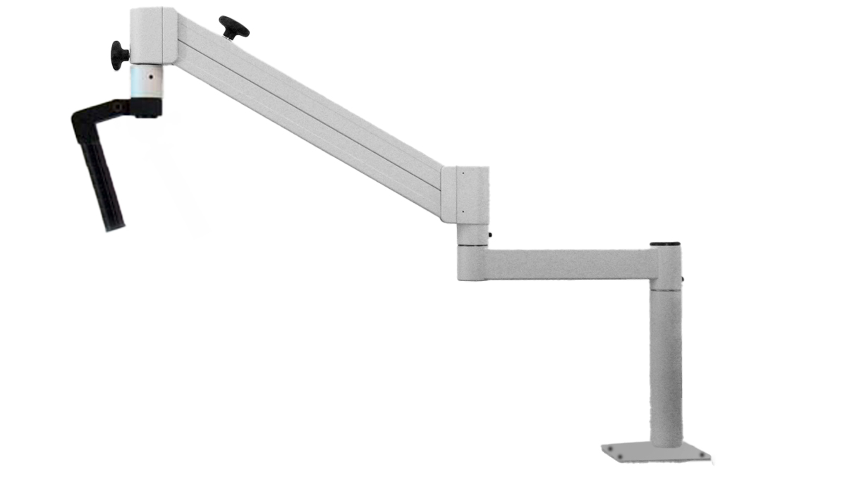 Tischstativ mit Federgelenkarm mit Neigekupplung (3-teilig) mit 32 mm Säule zur Befestigung eines
Mikroskoptriebes (ohne Trieb), Befestigung mit Aufschraubplatte