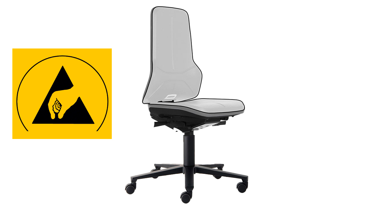 Bimos Neon Arbeitsstuhl 9563 ESD, Sitzhöhe 45 - 62 cm, Permanentkontakt-Rückenlehne, Gestell Schwarz,
weiche Rollen für harte Böden, ohne Polsterelement
