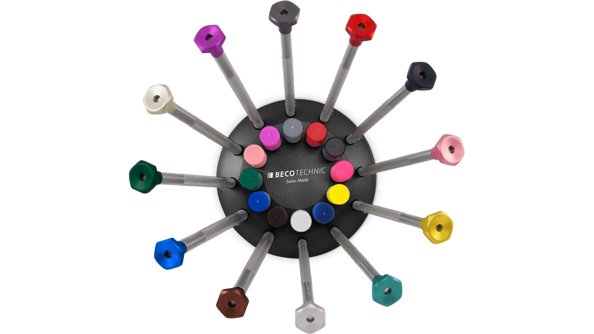 Drehsockel mit 12 Ergo Schraubendrehern, V-Schliff, Ø 0,6 - 3 mm