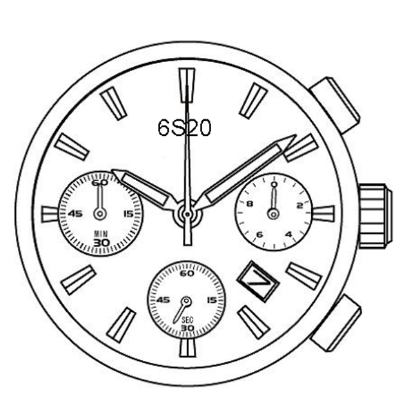 AU-Werk Miyota 6S20 15''' DATE6 SC CHR 3EYES MIN SEC 1/20SEC Quarz (399 | SR927W)