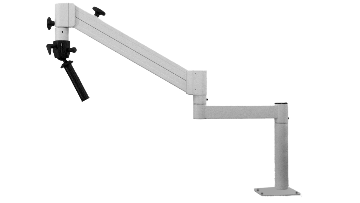 Tischstativ mit Federgelenkarm mit Kugelkopf mit 32 mm Säule zur Befestigung eines Mikroskoptriebes (ohne Trieb), Befestigung mit
Aufschraubplatte