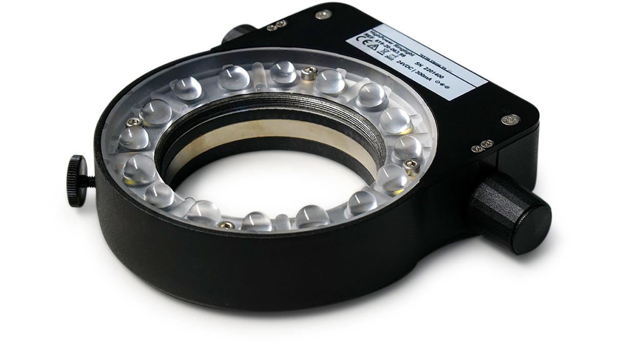 High Power LED Ringleuchte (HPRL), segmentierbar, 8 High Power LEDs mit Ringoptik, Optik montierbar
für Nah- oder Fernbereich