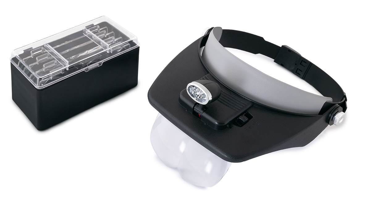 Kopfbandlupe, LED Beleuchtung,  4 Linsen 1,2x, 1,8x, 2,5x, 3,5x, inkl. 2 Batterien AAA