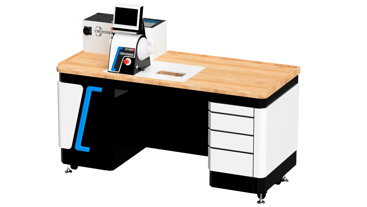 Crevoisier C5100 (M8) mit Werktisch DSG2-Comfort, inkl. Einfassung, inkl. Absaugung, Tischplatte mit
Naturholz-Laminatbeschichtung, Netzteil unten (400 V)