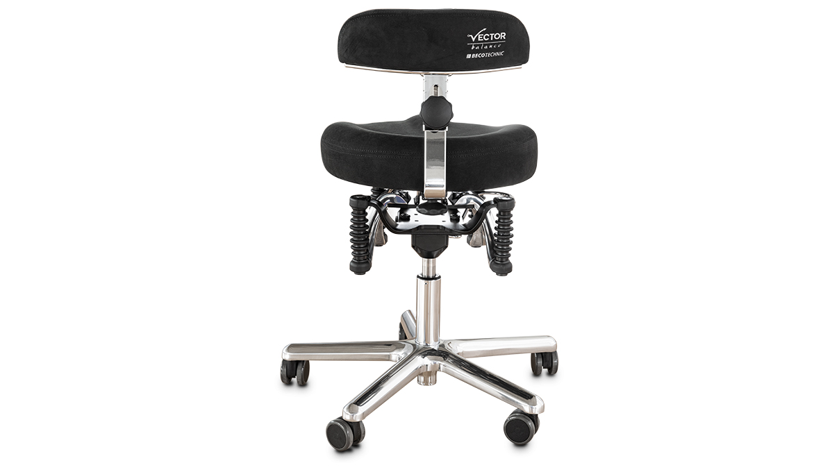 Sattelsitz Balance, Höhe 50 - 63 cm, Alcantara schwarz, Fußkreuz Aluminium poliert