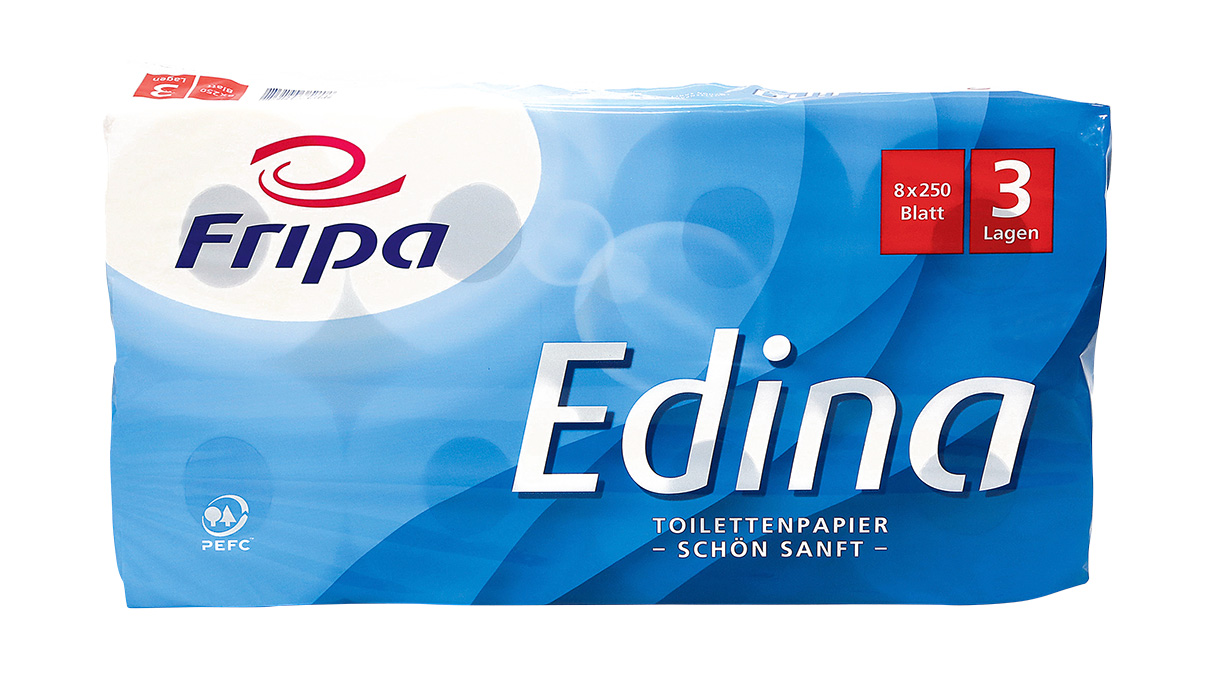 Fripa Edina Toilettenpapier, 8 Rollen, 3-lagig, aus 100% chlorfrei gebleichtem Zellstoff

