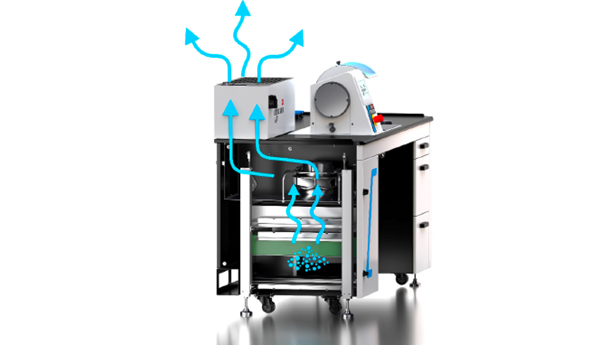 Crevoisier C551 (M12) mit Werktisch SLINE2 Comfort, inkl. Absaugung, Tischplatte schieferfarben mit
Tischumrandung, Netzteil unten (400 V)