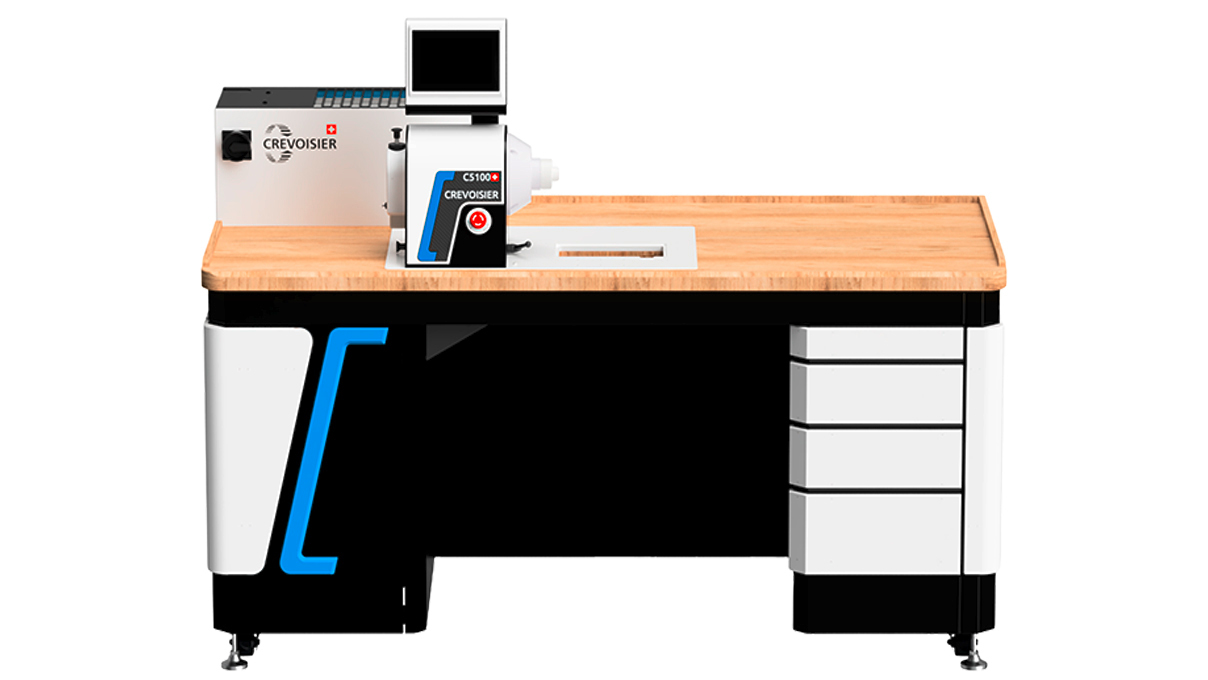 Crevoisier C5100 (M8) mit Werktisch DSG2-Comfort, inkl. Einfassung, inkl. Absaugung, Tischplatte mit
Naturholz-Laminatbeschichtung, Netzteil unten (400 V)