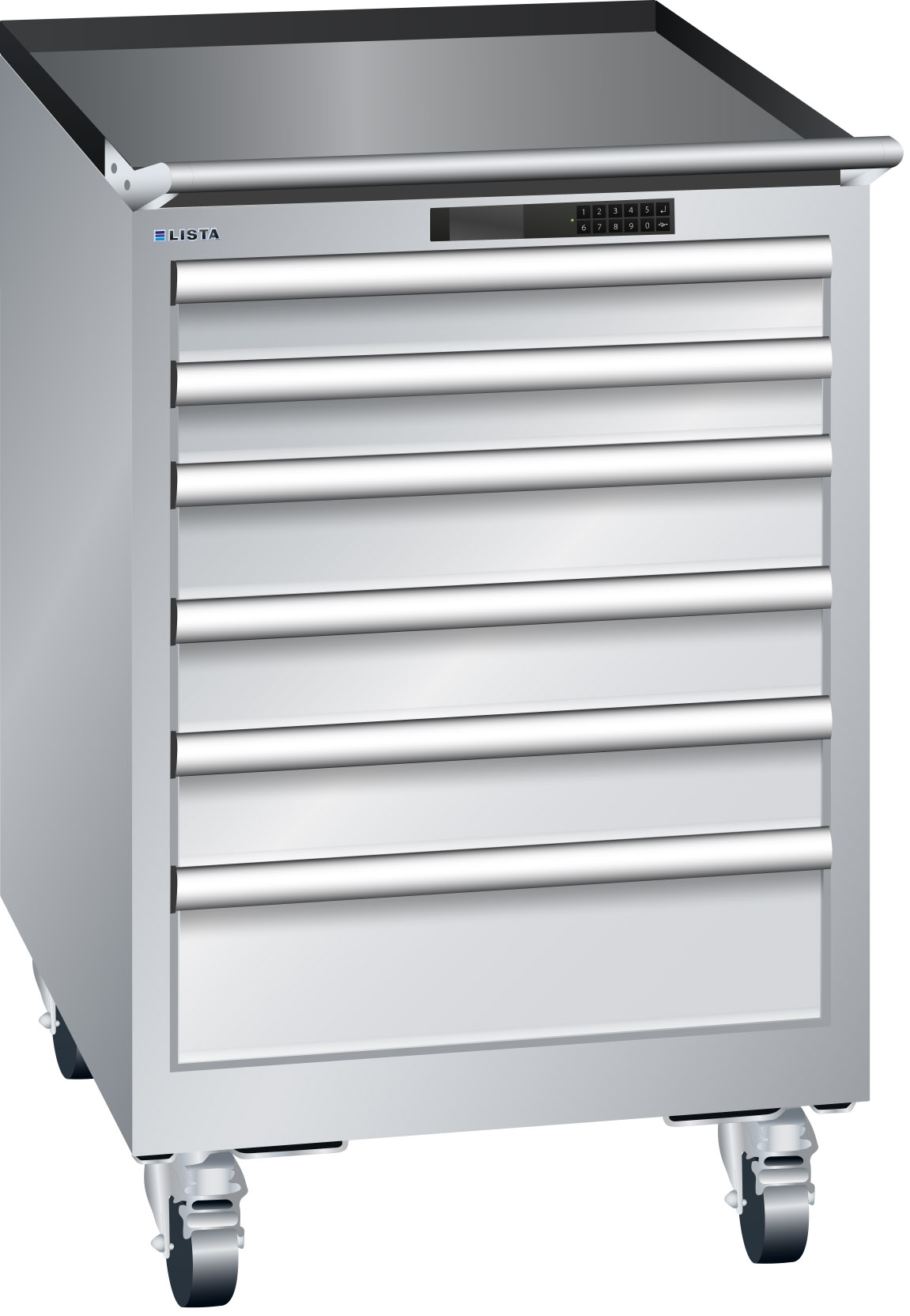 Lista Schubladenschrank 27 x 27 E mit Rollen, 6 Schubladen, lichtgrau, Code Lock, Höhe 890 mm