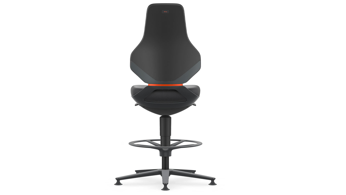 Bimos Texon Hightech-Arbeitsstuhl für Reinräume, ESD-geschützt, mit Rollen, Sitzhöhe 45 - 62 cm, ohne
Sitzpolster, Auto-Motion Technik, Gestell schwarz, Flex-Back orange