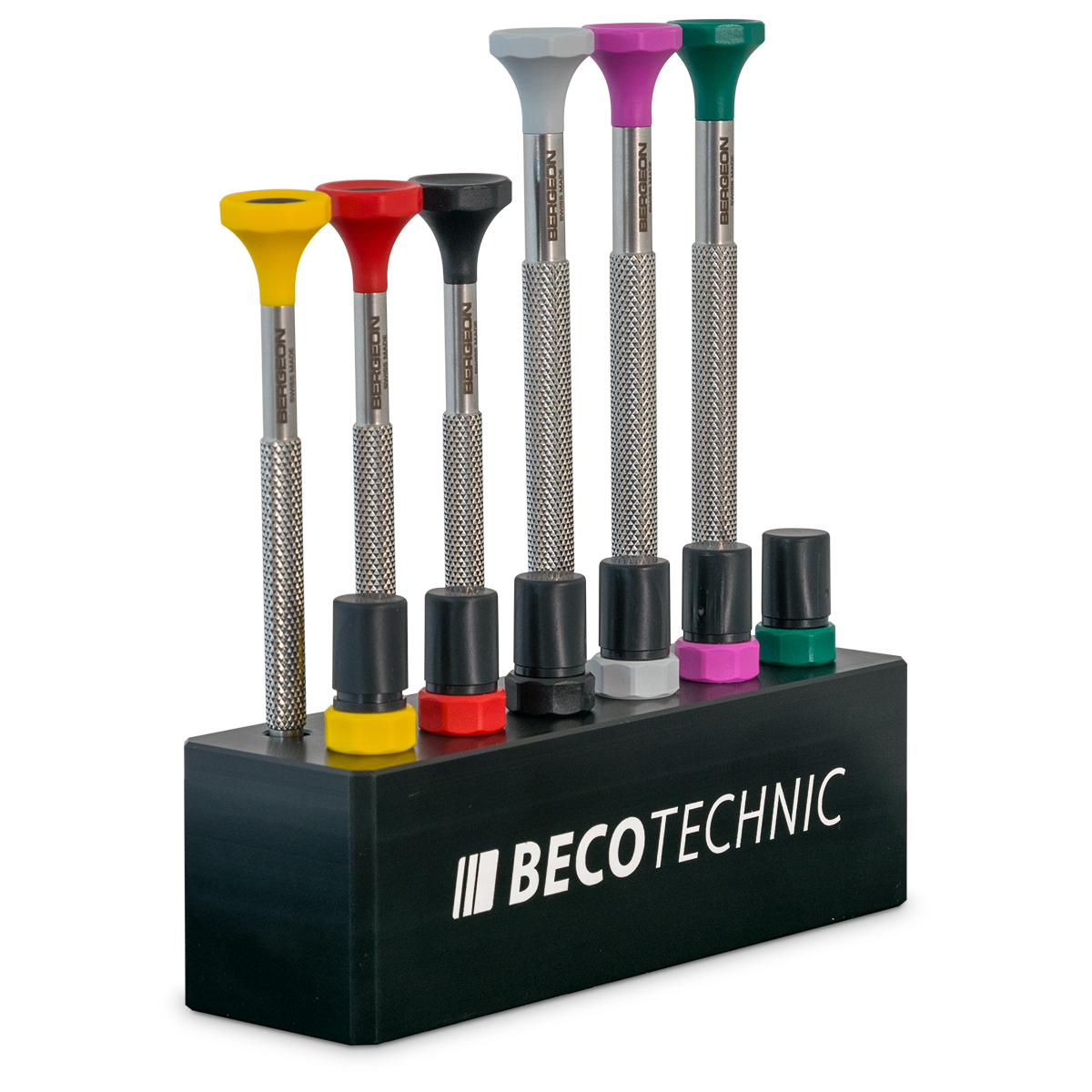 Bergeon 7778 Sockel mit 6 Schraubendrehern, mit Erstzklingen, Ø 0,8 - 2 mm, Sockel
mit Beco Technic Logo