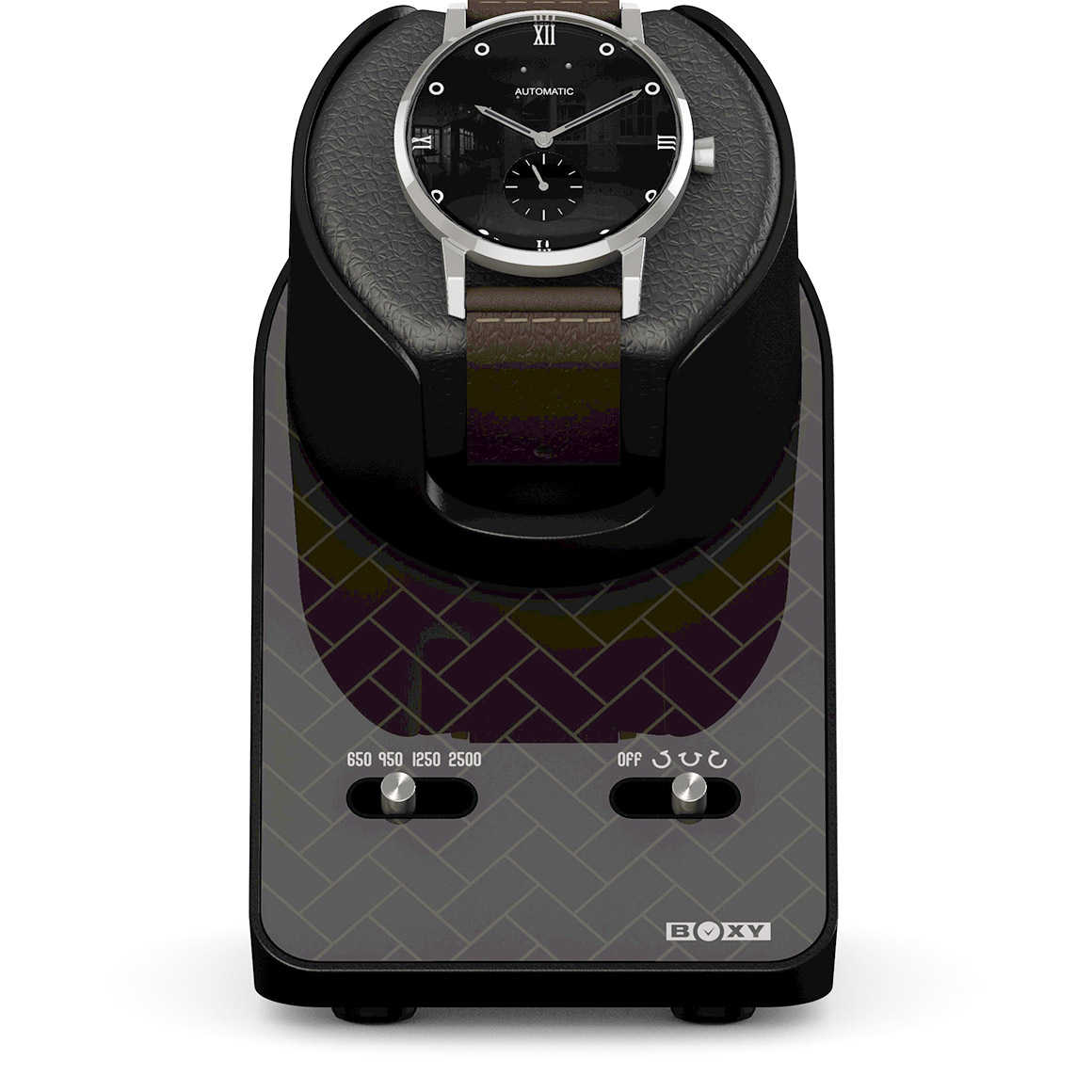 Boxy BLDC Nightstand EXT, Uhrenbeweger für 1 Uhr, Skyline Shadow, mit USB Ladekabel