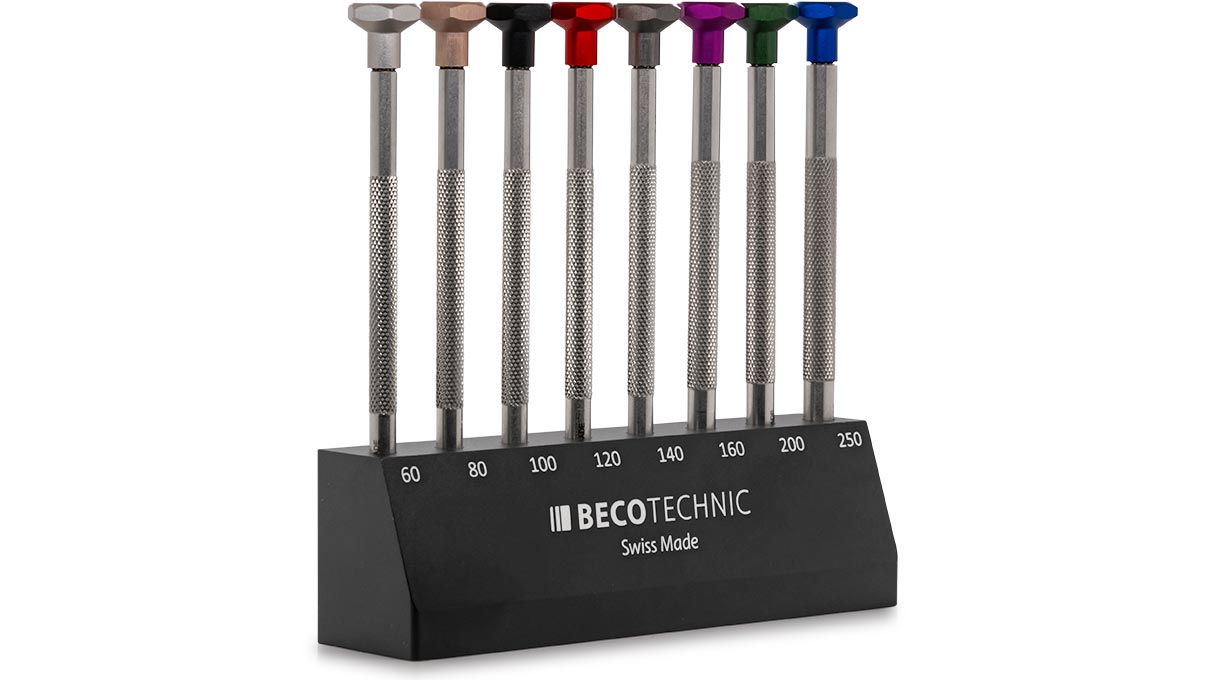 Sockel mit 8 Schraubendrehern, T-Schliff, Ø 0,6 - 2,5 mm