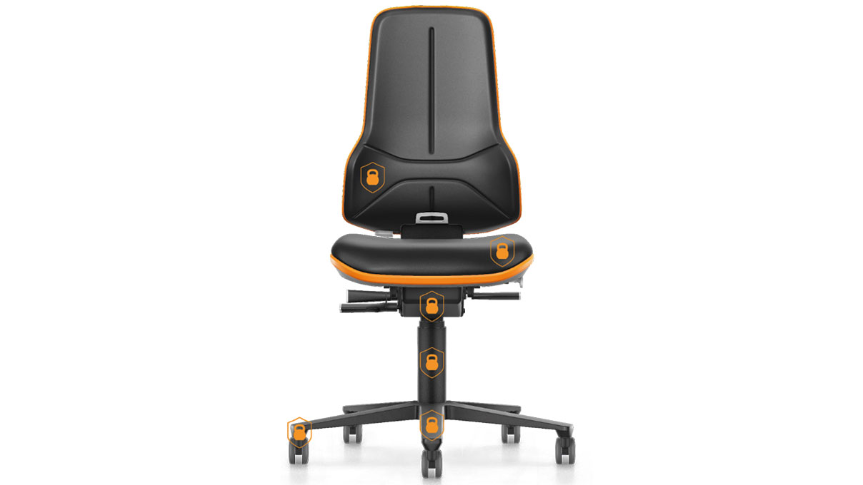 Bimos Neon XXL Schwerlast-Arbeitsstuhl 9575, Sitzhöhe 47 - 64 cm, Synchrontechnik, Gestell Schwarz,
Flexband grau, weiche Rollen für harte Böden, inklusive XXL Polsterelement Supertec