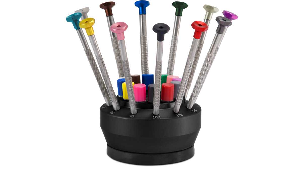 Drehsockel mit 12 Ergo Schraubendrehern, V-Schliff, Ø 0,6 - 3 mm