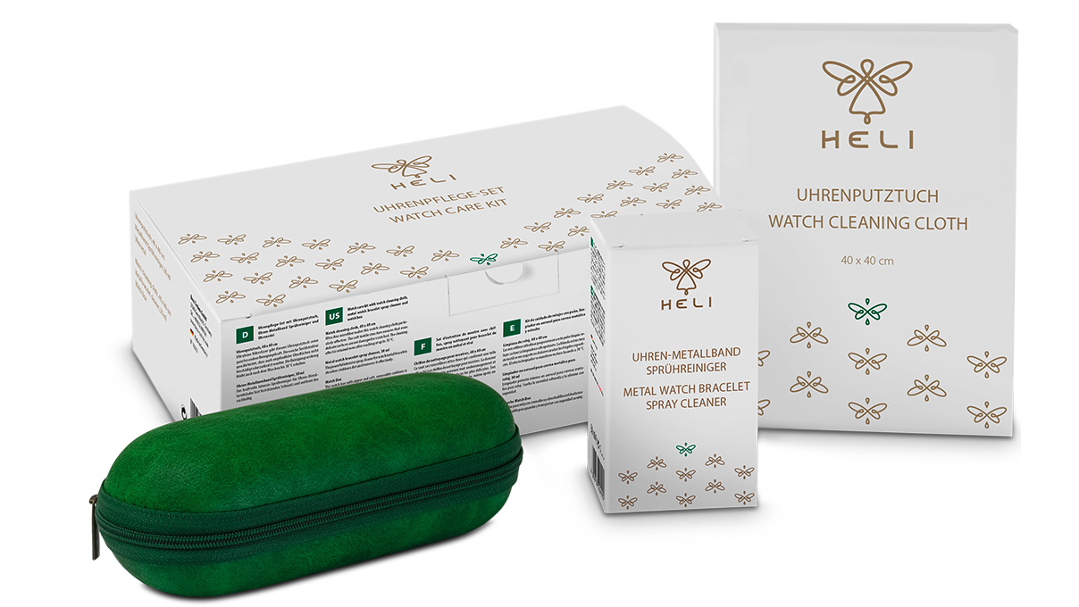 Heli Uhrenpflege-Set mit Uhrenputztuch, Uhren-Metallband Sprühreiniger und Uhrenetui
