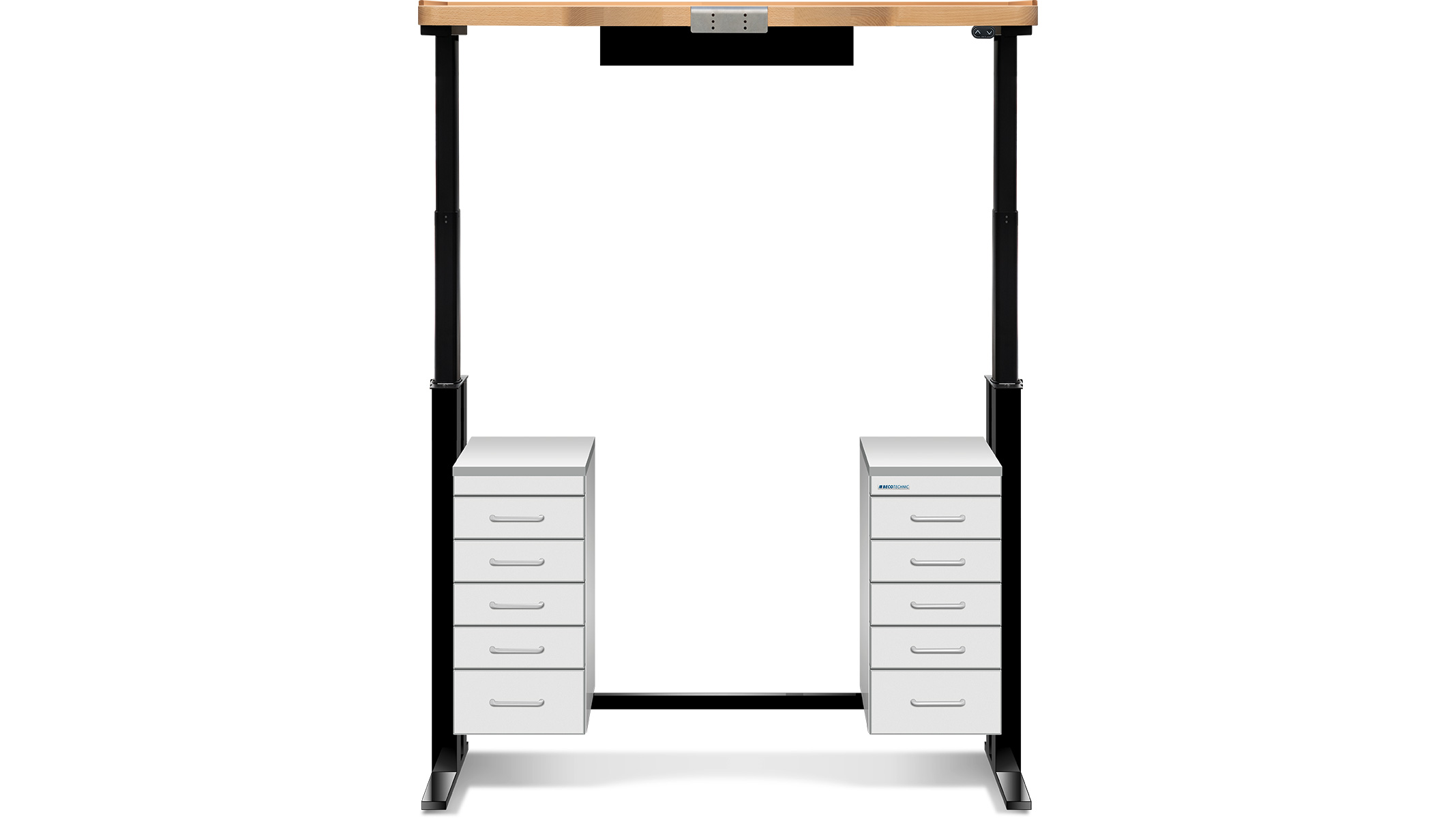 Goldschmiedetisch Ergolift Evolution Gold, elektrisch höhenverstellbar, Arbeitsplatte Buche 120 x 70 x 4 cm,
Schubladen weiß