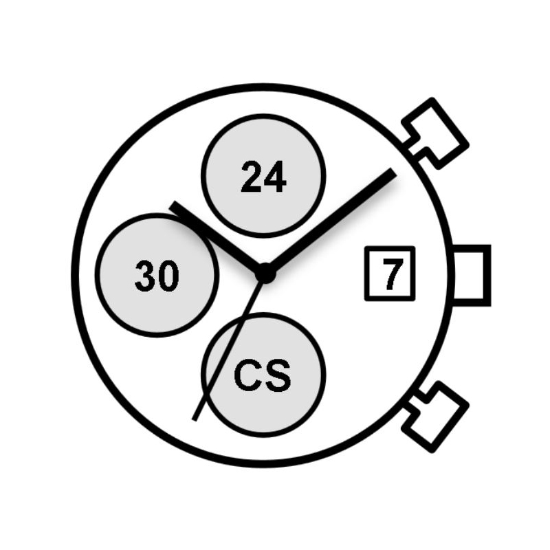 AU-Werk Miyota JS16 High Hand 12 1/2''' DATE3 SC STOPWATCH 3EYES 30MIN 24H Quarz (364 | SR621SW)