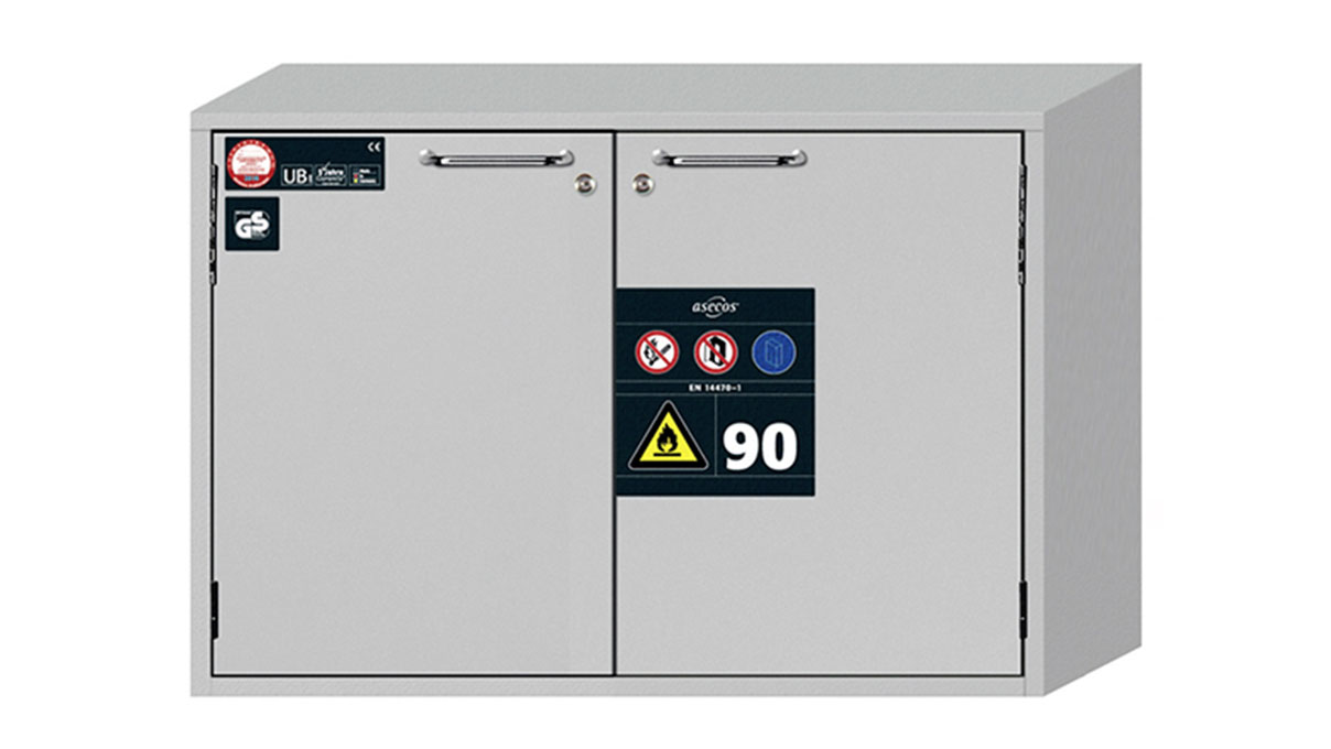 Sicherheitsunterbauschrank Typ 90, Breite 110,2 cm, 2 Flügeltüren, 1 Lochblech, 1 Bodenauffangwanne