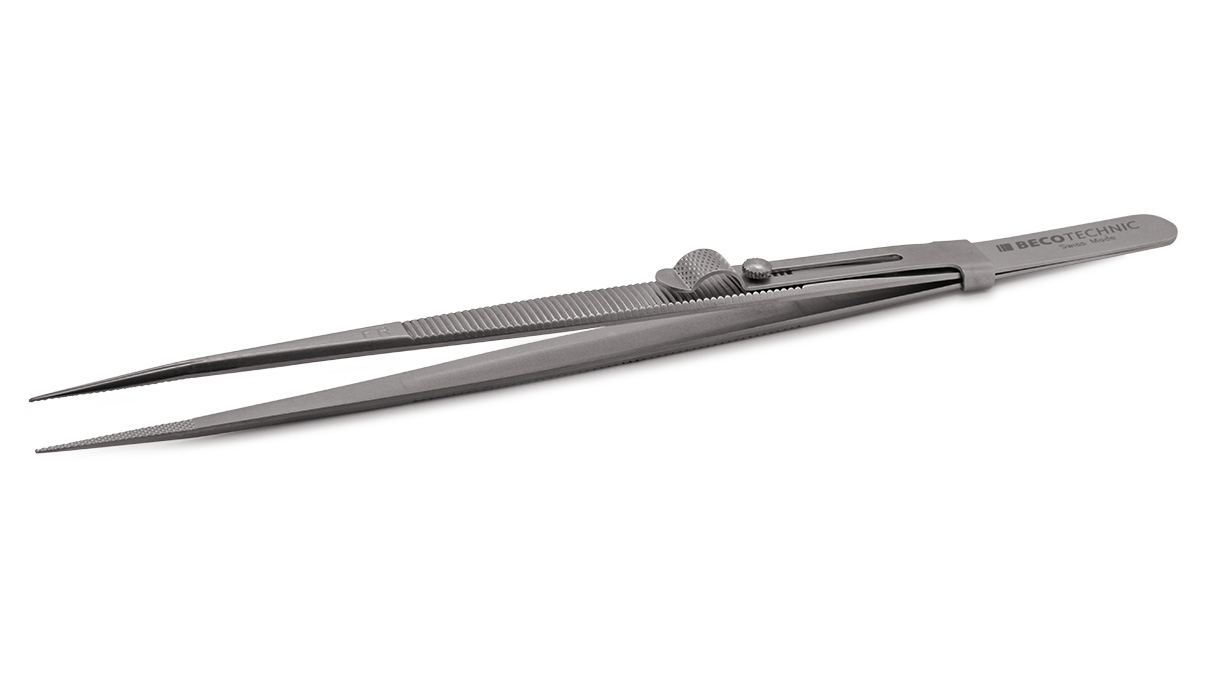Pinzette Form FR, mit Verschluss, feine Spitzen mit Hieb, Länge 160 mm