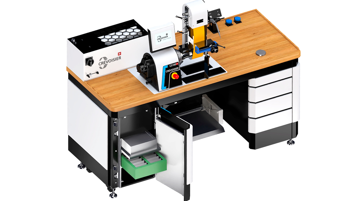 Crevoisier C5100 (M8) mit Werktisch DSG2-Comfort, inkl. Einfassung, inkl. Absaugung, Tischplatte mit
Naturholz-Laminatbeschichtung, Netzteil unten (400 V)