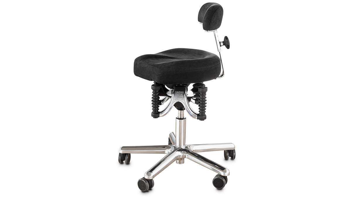 Sattelsitz Balance, Höhe 50 - 63 cm, Alcantara schwarz, Fußkreuz Aluminium poliert