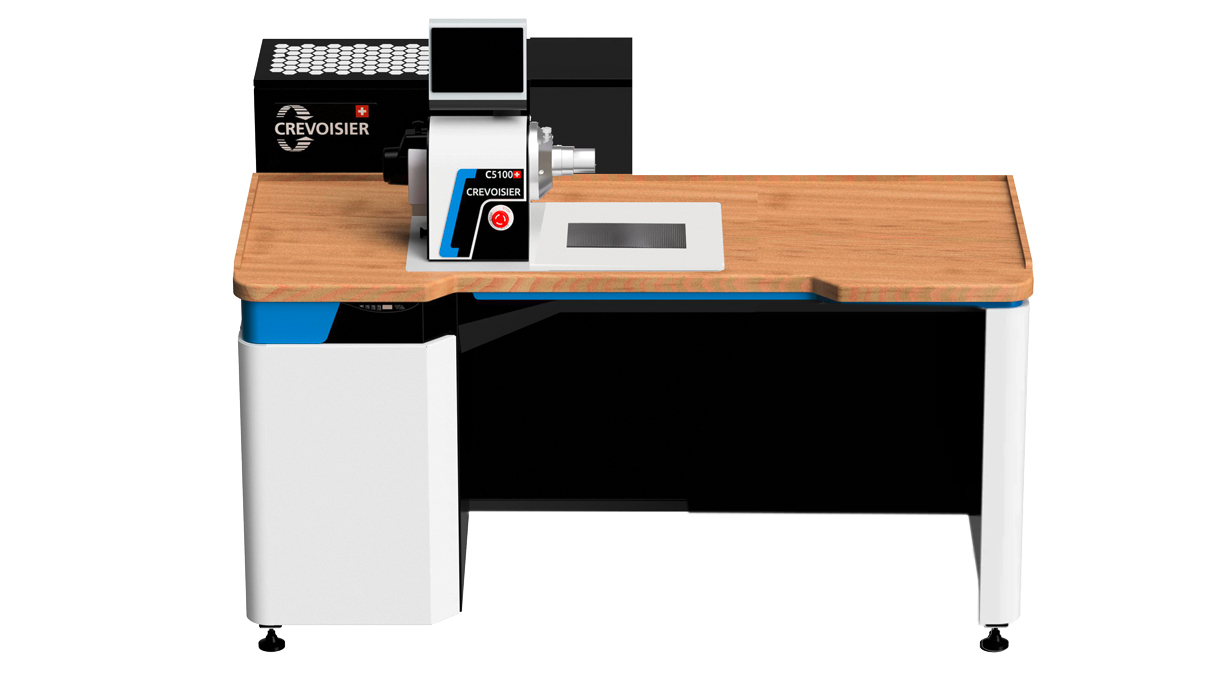 Crevoisier C5100 (M8) mit Werktisch DSG-Comfort, inkl. Einfassung, inkl. Absaugung, Tischplatte mit
Naturholz-Laminatbeschichtung, Netzteil unten (400 V)