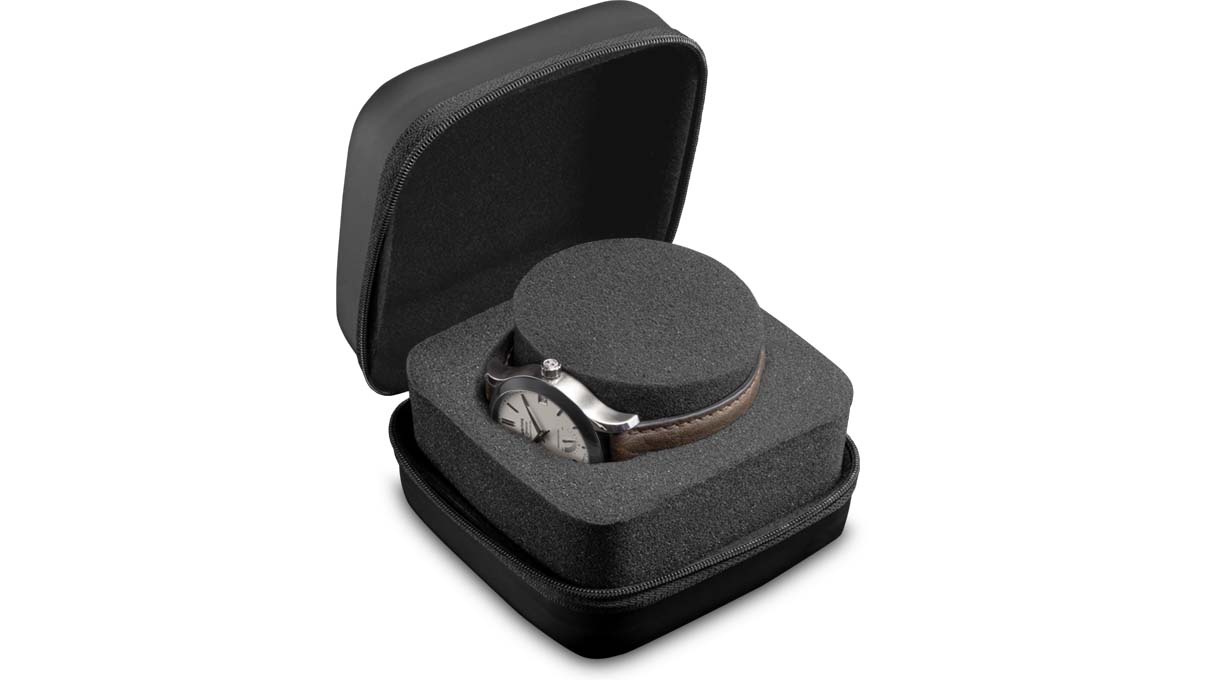 Watch Box ProtectMax, stabiles Hartschalenetui für große Uhren, mattschwarzer Kunststoff, bedruckbar
mit Ihrem Logo