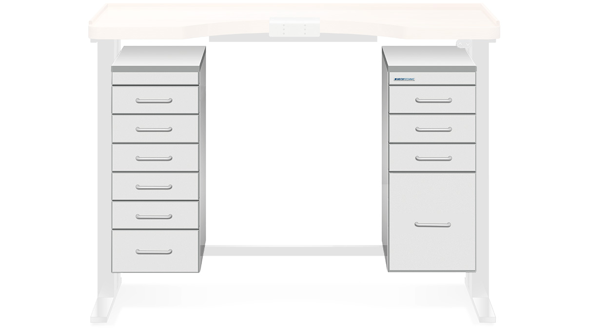 Schubladenerweiterung, weiß, 6 Schubladen links, 3 Schubladen plus eine hohe Schublade rechts,
Sonderausstattung für Ergolift Evolution