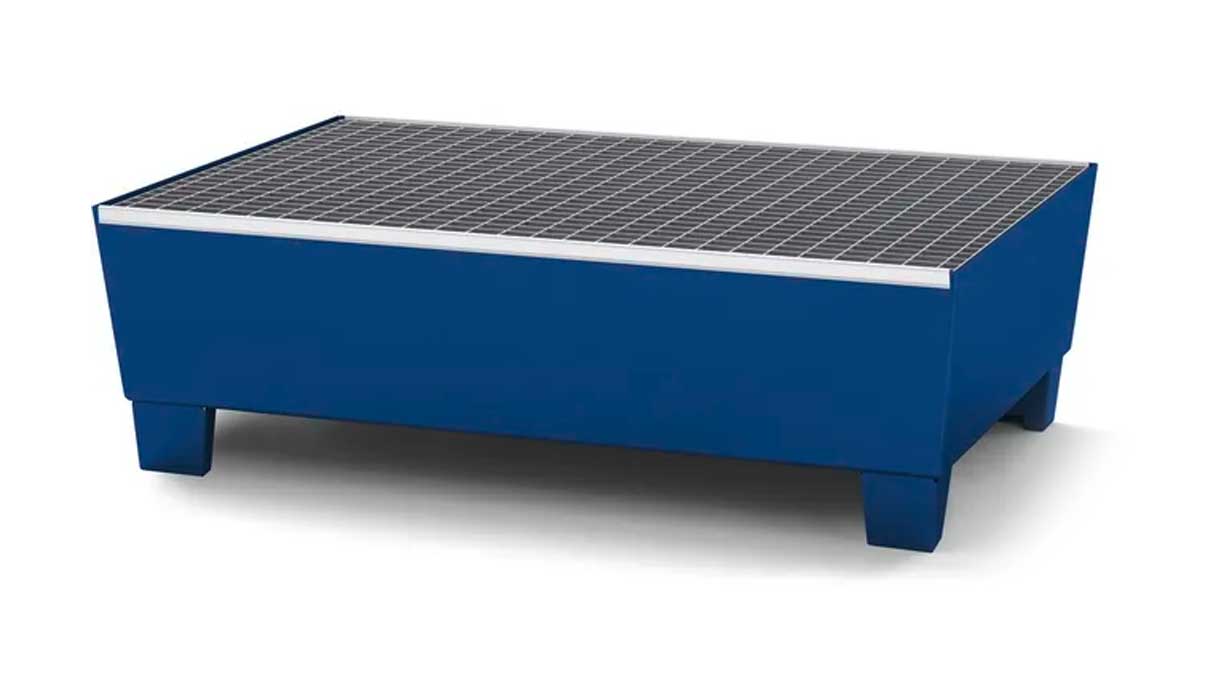 Auffangwanne aus Stahl, enzianblau, verzinktes Gitterrost, 205 l Fassungsvermögen, 800 kg Tragkraft