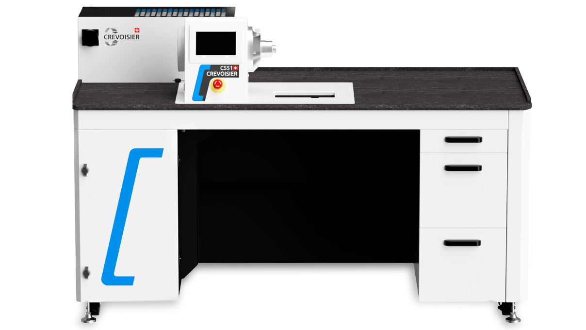Crevoisier C551 (M12) mit Werktisch SLINE2 Comfort, inkl. Absaugung, Tischplatte schieferfarben mit
Tischumrandung, Netzteil unten (400 V)