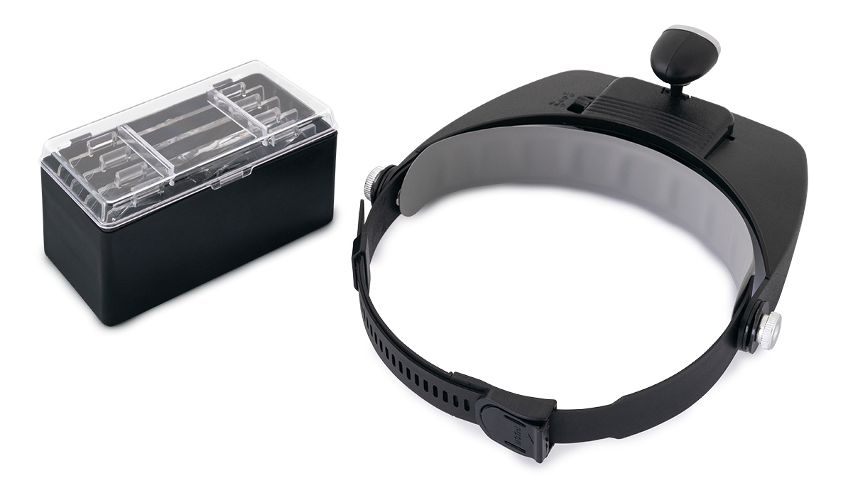 Kopfbandlupe, LED Beleuchtung,  4 Linsen 1,2x, 1,8x, 2,5x, 3,5x, inkl. 2 Batterien AAA