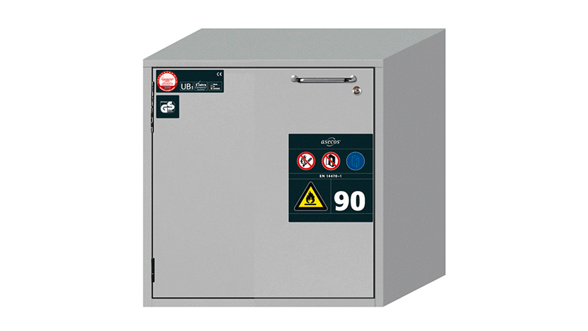 Sicherheitsunterbauschrank Typ 90, Breite 59,3 cm, 1 Flügeltür, 1 Lochblech, 1 Bodenauffangwanne