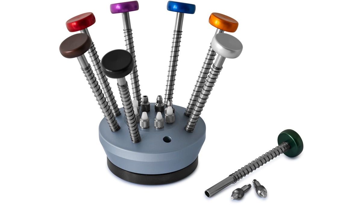 Broschensatz auf Drehsockel für Pressstock zum Zeigersetzen PA2/3/4N, 8 Broschen und 10 Einsätze