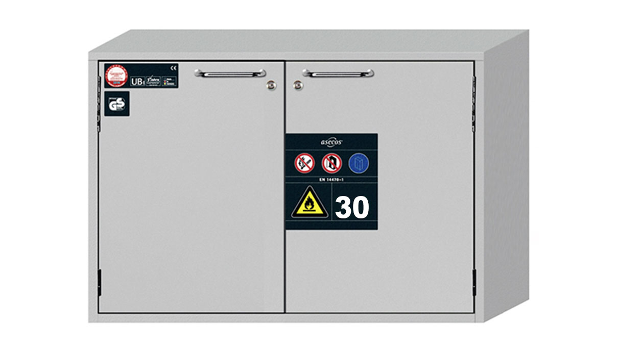 Sicherheitsunterbauschrank Typ 30, Breite 110,2 cm, 2 Flügeltüren, 1 Lochblech, 1 Bodenauffangwanne