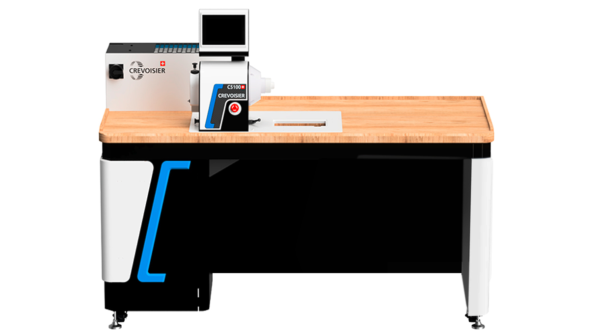 Crevoisier C5100 (M8) mit Werktisch DSG2-Comfort, inkl. Einfassung, inkl. Absaugung, Tischplatte mit
Naturholz-Laminatbeschichtung, Netzteil unten (400 V)