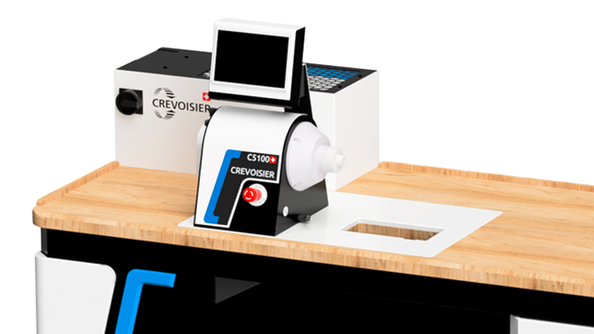 Crevoisier C5100 (M8) mit Werktisch DSG2-Comfort, inkl. Einfassung, inkl. Absaugung, Tischplatte mit
Naturholz-Laminatbeschichtung, Netzteil unten (400 V)
