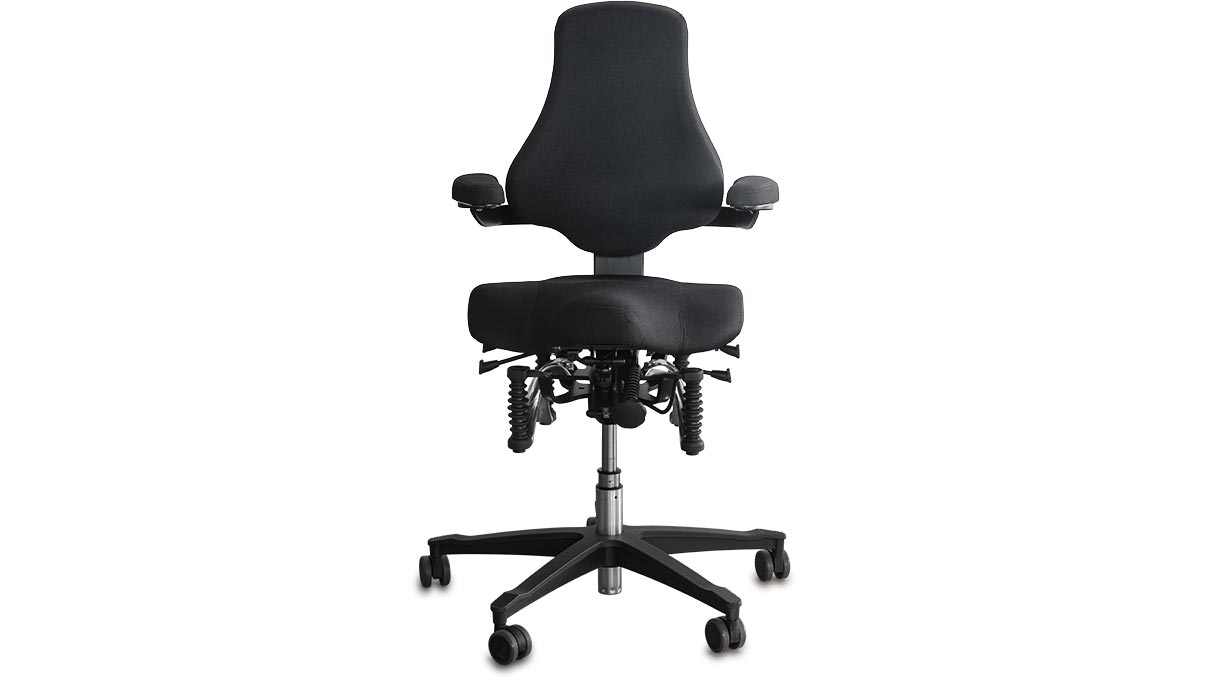 OneUP Arbeitsstuhl mit Sattelsitz, Höhe 42 - 52 cm, 180° Armlehnen, weichen Rollen, Felicity Bezug