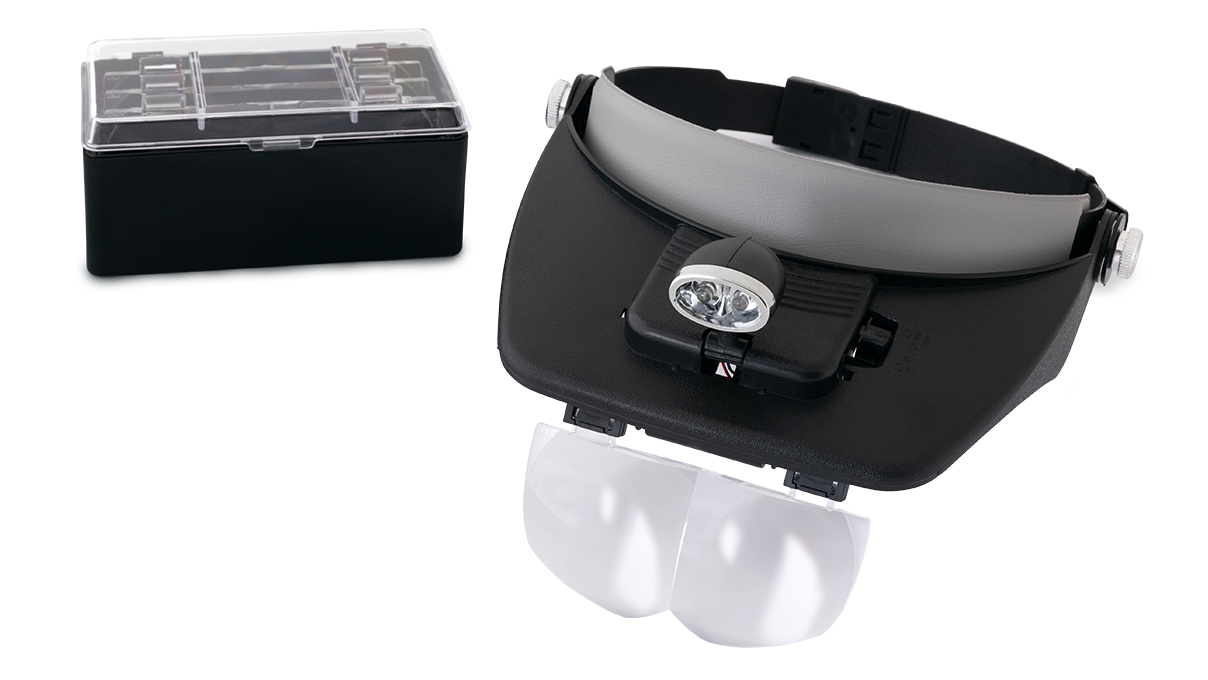 Kopfbandlupe, LED Beleuchtung,  4 Linsen 1,2x, 1,8x, 2,5x, 3,5x, inkl. 2 Batterien AAA