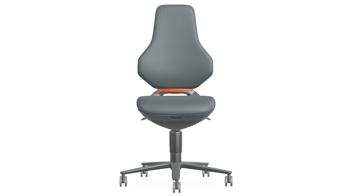 Bimos Texon Hightech-Arbeitsstuhl für Reinräume, ESD-geschützt, mit Rollen, Sitzhöhe 45 - 62 cm, ohne
Sitzpolster, Auto-Motion Technik, Gestell schwarz, Flex-Back orange