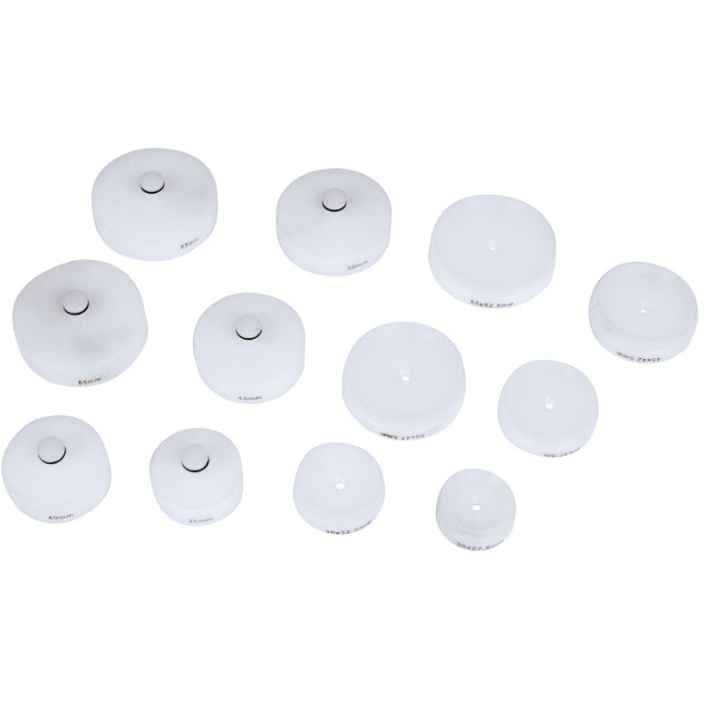 Erweiterungs-Set mit 6 Doppel-Konkav Druckstücken Ø 27,5-55 mm mit M6-Gewinde und 6 Plandruckstücken Ø 35  -  55 mm mit 10 mm Schaft für Spindelpresse 202855 und Kniehebelpresse 311560