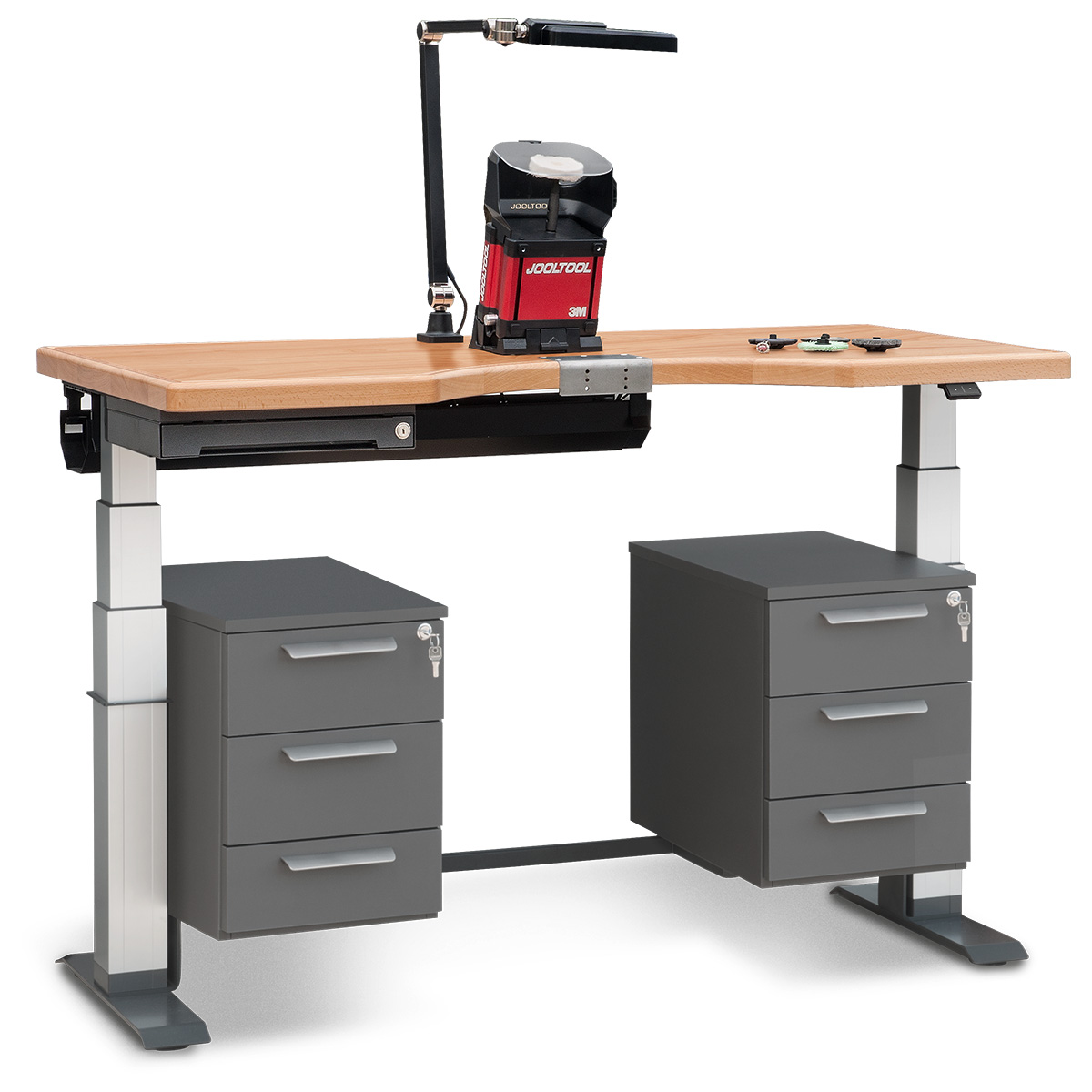 Ergolift Signature für Goldschmiede und Steinsetzer, Buche massiv, Arbeitsplatte 140 x 60 x 3,8 cm, mit
elektrischer Höhenverstellung