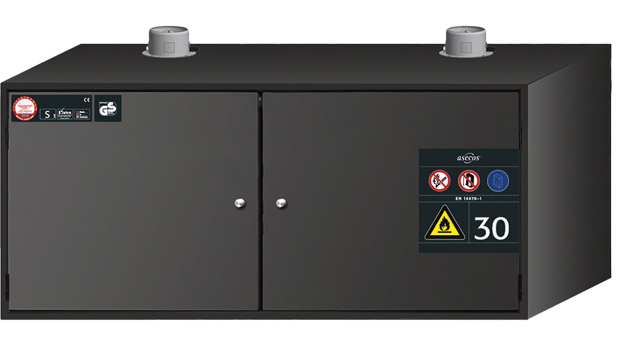 Sicherheitsschrank Typ 30 zur Wandmontage, Anthrazit, Breite 99,5 cm, 2 Flügeltüren, 1 Bodenauffangwanne