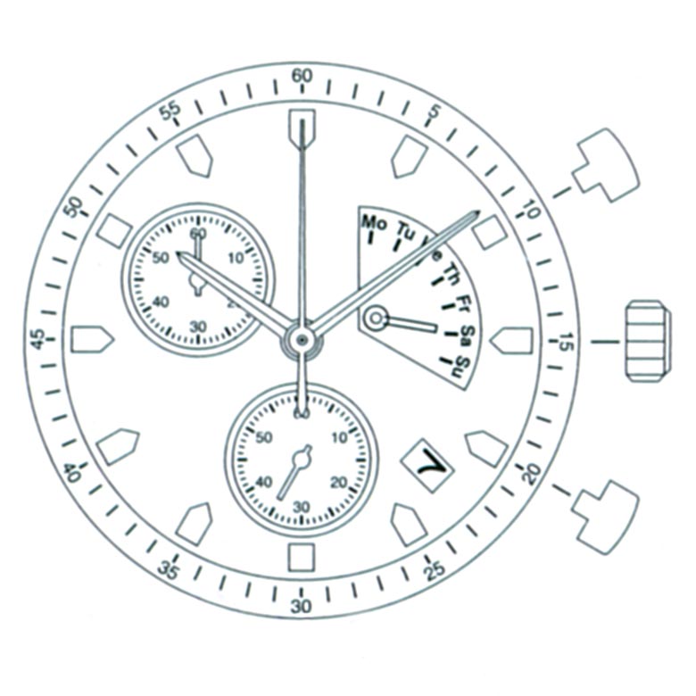 AU-Werk Miyota FS60 10 1/2''' DATE4.5/DAY9 CHR RETRODAY SS MIN Quarz - Slanted Push
