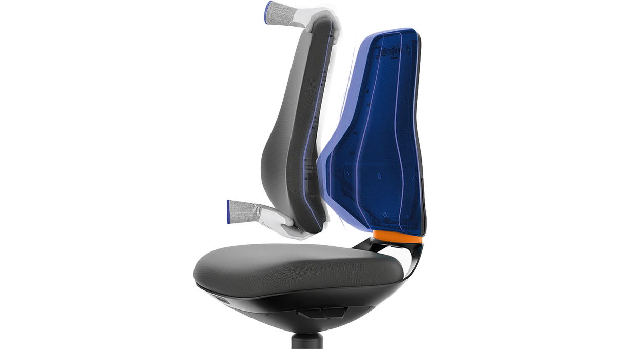 Bimos Texon Hightech-Arbeitsstuhl für Reinräume, ESD-geschützt, mit Rollen, Sitzhöhe 45 - 62 cm, ohne
Sitzpolster, Auto-Motion Technik, Gestell schwarz, Flex-Back orange