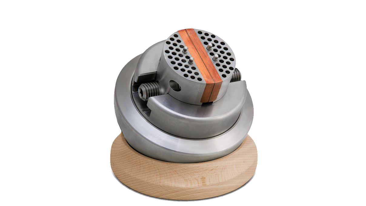 EnVise Schraubstock, kleine Version, Ø 100 mm, mit Holzsockel, Haltestiften, Inbusschlüsseln